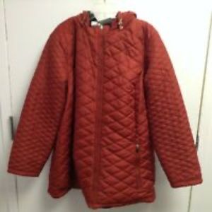 Reversible red/black quilted jacket with hood